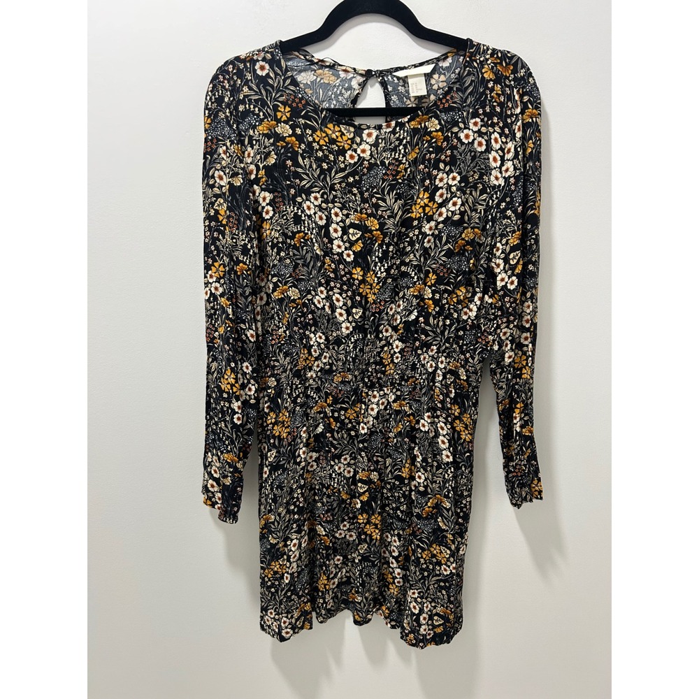 H&M Floral Long Sleeve Mini Dress Black Mustard Yellow Smocked Waist Size 10